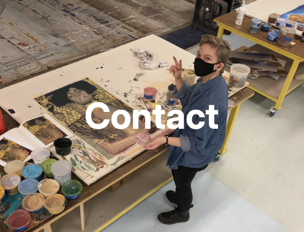 Contact Page (Cover Image: Miles in process of a painting study, holding up a peace sign)