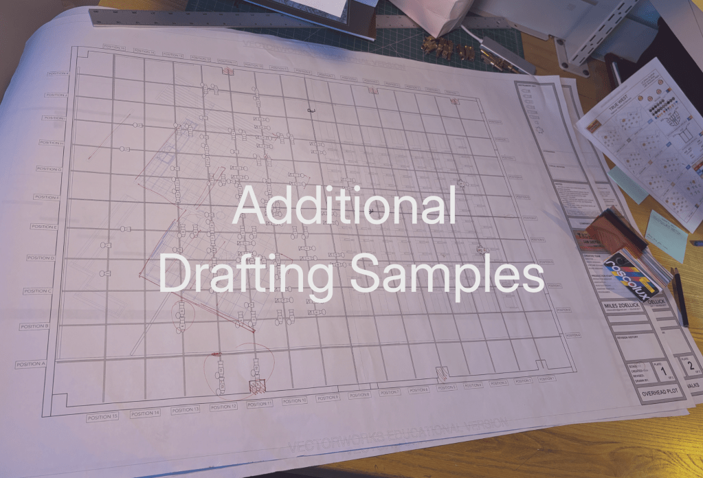 Additional Drafting Samples (Cover Image: a red-lined overhead plot laid out on a desk, with a gel swatchbook, stickynotes, and magic sheet nearby)